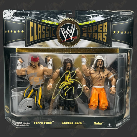 Cactus Jack, Sabu & Terry Funk triple signed WWE Jakks Classic Superstars Action Figure