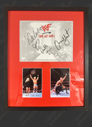 Owen Hart, Jeff Jarrett & Debra triple signed Framed Plaque
