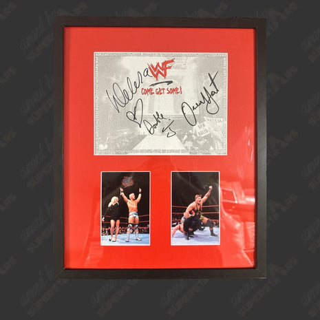 Owen Hart, Jeff Jarrett & Debra triple signed Framed Plaque