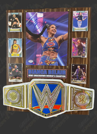 Bianca Belair signed Wood Plaque with Belt (w/ PSA)