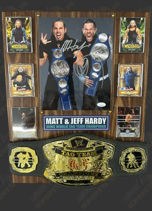 Matt Hardy & Jeff Hardy dual signed Wood Plaque with Belt (w/ JSA)