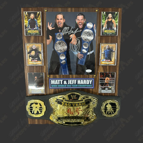 Matt Hardy & Jeff Hardy dual signed Wood Plaque with Belt (w/ JSA)