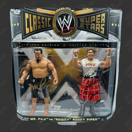 Rowdy Roddy Piper & Mr Fuji dual signed WWE Jakks Classic Superstars Action Figure 2-pack