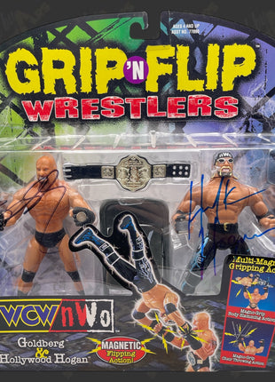 Hulk Hogan & Bill Goldberg dual signed WCW nWo Grip N Flip Action Figure