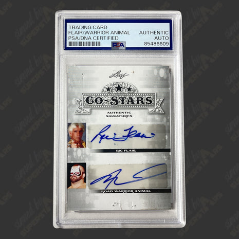 Ric Flair & Roadwarrior Animal dual signed Leaf Co-Stars Trading Card (w/ PSA)