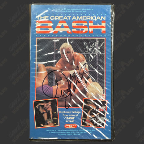 Dusty Rhodes, Robert Gibson & Ricky Morton triple signed Great American Bash 86 VHS Tape
