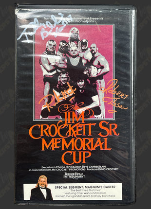 Tully Blanchard, Robert Gibson & Ricky Morton triple signed Jim Crockett Memorial Cup 1987 VHS Tape