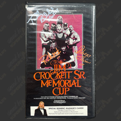 Tully Blanchard, Robert Gibson & Ricky Morton triple signed Jim Crockett Memorial Cup 1987 VHS Tape