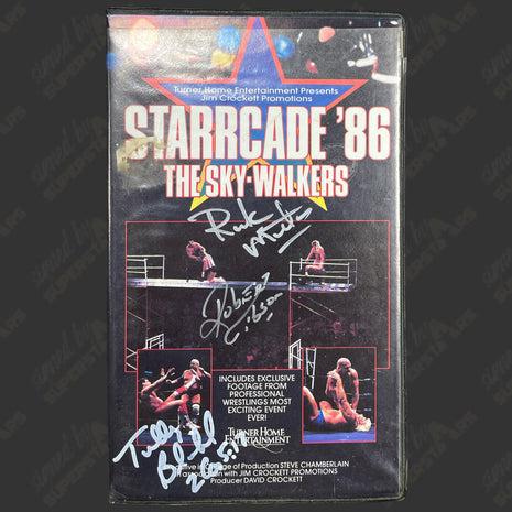 Ricky Morton, Robert Gibson & Tully Blachard triple signed Starrcade 86 VHS Tape