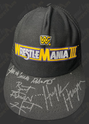 Hulk Hogan, Bret Hart & Jake Roberts triple signed Original WWF WrestleMania 3 Hat (w/ JSA & Beckett)