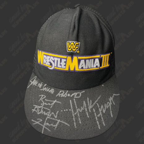 Hulk Hogan, Bret Hart & Jake Roberts triple signed Original WWF WrestleMania 3 Hat (w/ JSA & Beckett)
