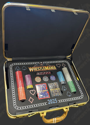Maletín de póker exclusivo de WWE WrestleMania 41 con cartas y fichas de Las Vegas (sin firmar)