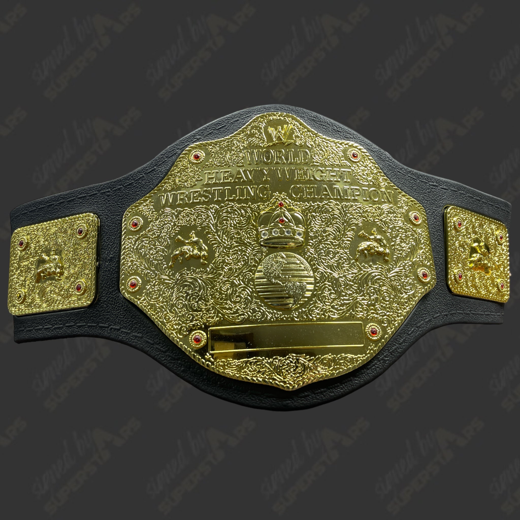 Rowdy Roddy Piper, Hulk Hogan Billy Graham triple signed WWE World Heavyweight Toy Belt