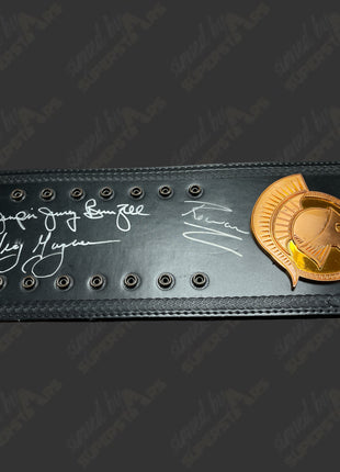 Rowan, Rhyno, Heath Slater, Zack Ryder, Greg Gagne & Jim Brunzell multi-signed WWE Tag Team Championship Replica B elt