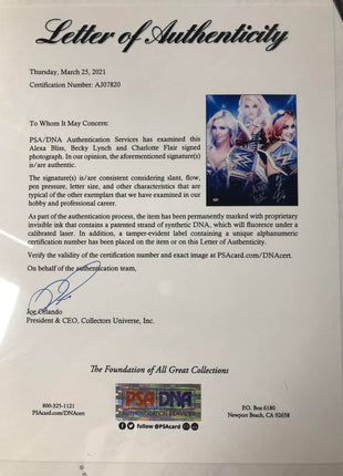 Alexa Bliss, Charlotte Flair & Becky Lynch triple signed 16x20 Photo (w/ PSA)