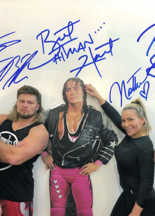 Tyson Kidd, Brian Pillman Jr., Bret Hart, Natalya & Harry Smith multi signed 8x10 Photo (w/ JSA)