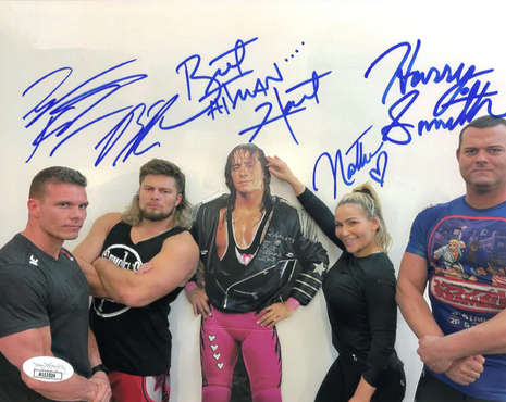 Tyson Kidd, Brian Pillman Jr., Bret Hart, Natalya & Harry Smith multi signed 8x10 Photo (w/ JSA)