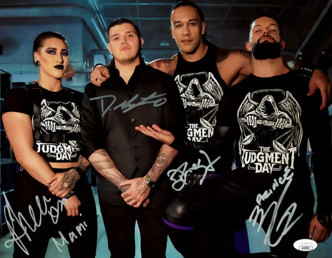 Judgement Day - Dominik Mysterio, Rhea Ripley, Finn Balor & Damian Priest quad signed 11x14 Photo (w/ JSA)