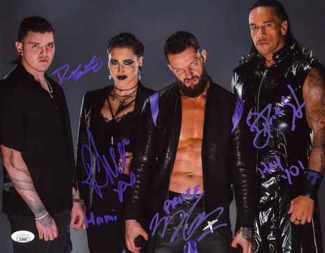 Judgement Day - Dominik Mysterio, Rhea Ripley, Finn Balor & Damian Priest quad signed 11x14 Photo (w/ JSA)