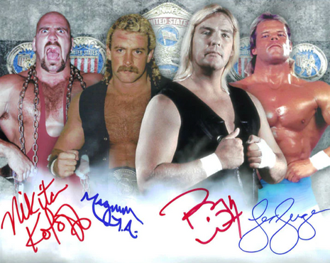 Nikita Koloff, Magnum TA, Barry Windham & Lex Luger quad signed 8x10 Photo (w/ JSA)