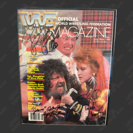 Rowdy Roddy Piper, Captain Lou Albano & Cindy Lauper triple signed WWF Magazine (Aug/Sept 1984)