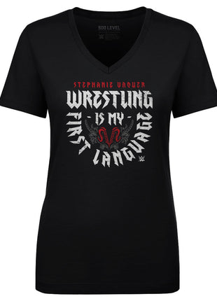 Camiseta de cuello en V de la WWE para mujer Stephanie Vaquer (primer idioma)