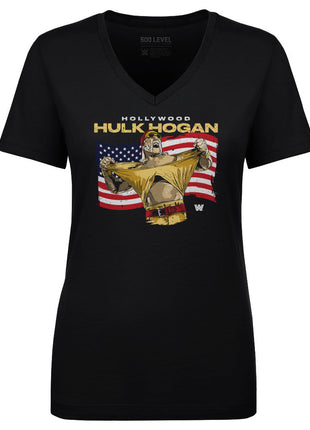 Hulk Hogan Hollywood Flag Women's WWE V-Neck T-Shirt