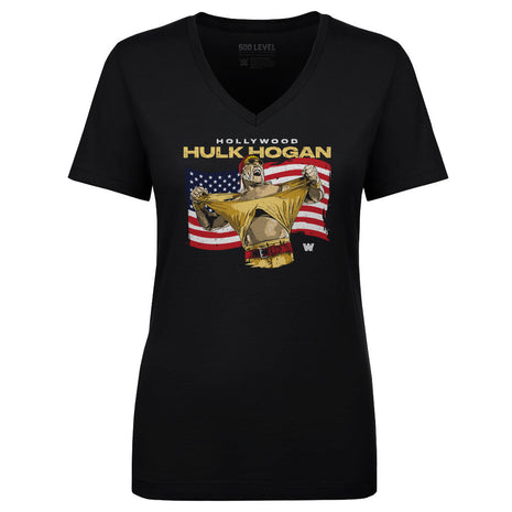 Hulk Hogan Hollywood Flag Women's WWE V-Neck T-Shirt
