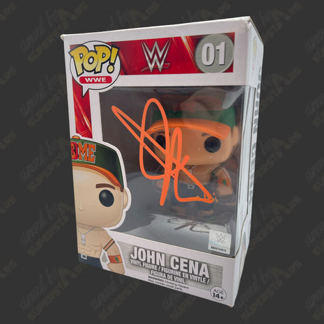 John Cena signed WWE Funko POP Figure #01 *Minor Damage* (Green Hat w/ JSA)
