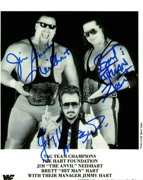 Hart Foundation - Bret Hart, Jim Neidhart & Jimmy Hart triple signed 8x10 Photo