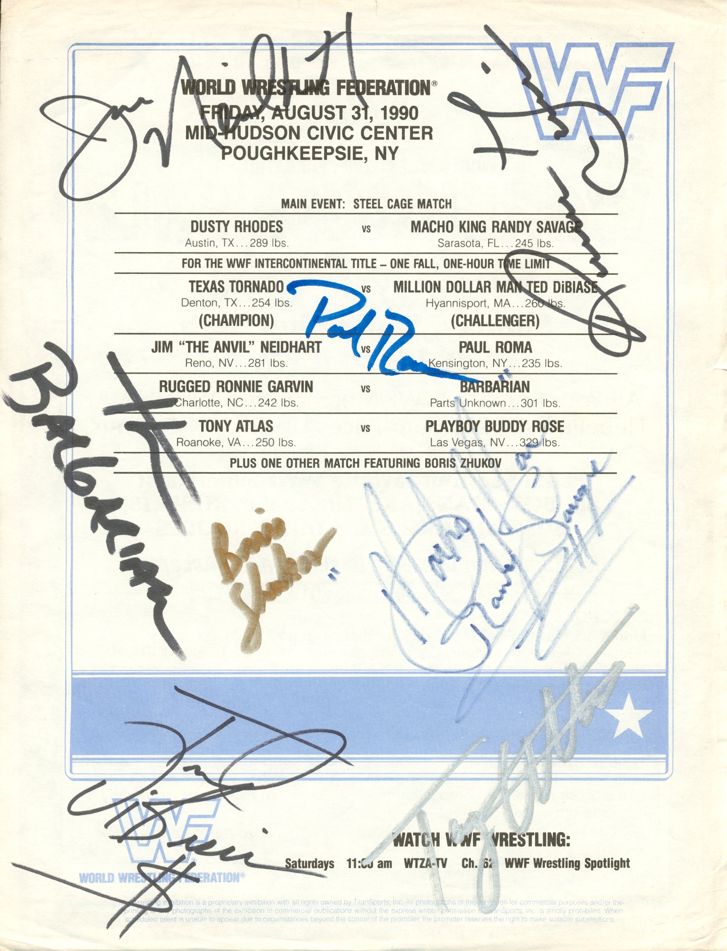 Wwf Program Insert Multi-signed WWF Event Program Insert Card Page (8/31/90 Poughkeepsie ...