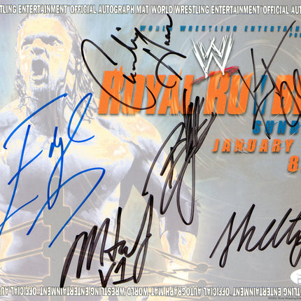 Brock Lesnar, Edge, Matt Hardy, Shelton Benjamin, Charlie Haas, Kurt Angle signed Royal Rumble Placemat (w/ JSA)