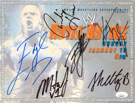Brock Lesnar, Edge, Matt Hardy, Shelton Benjamin, Charlie Haas, Kurt Angle signed Royal Rumble Placemat (w/ JSA)