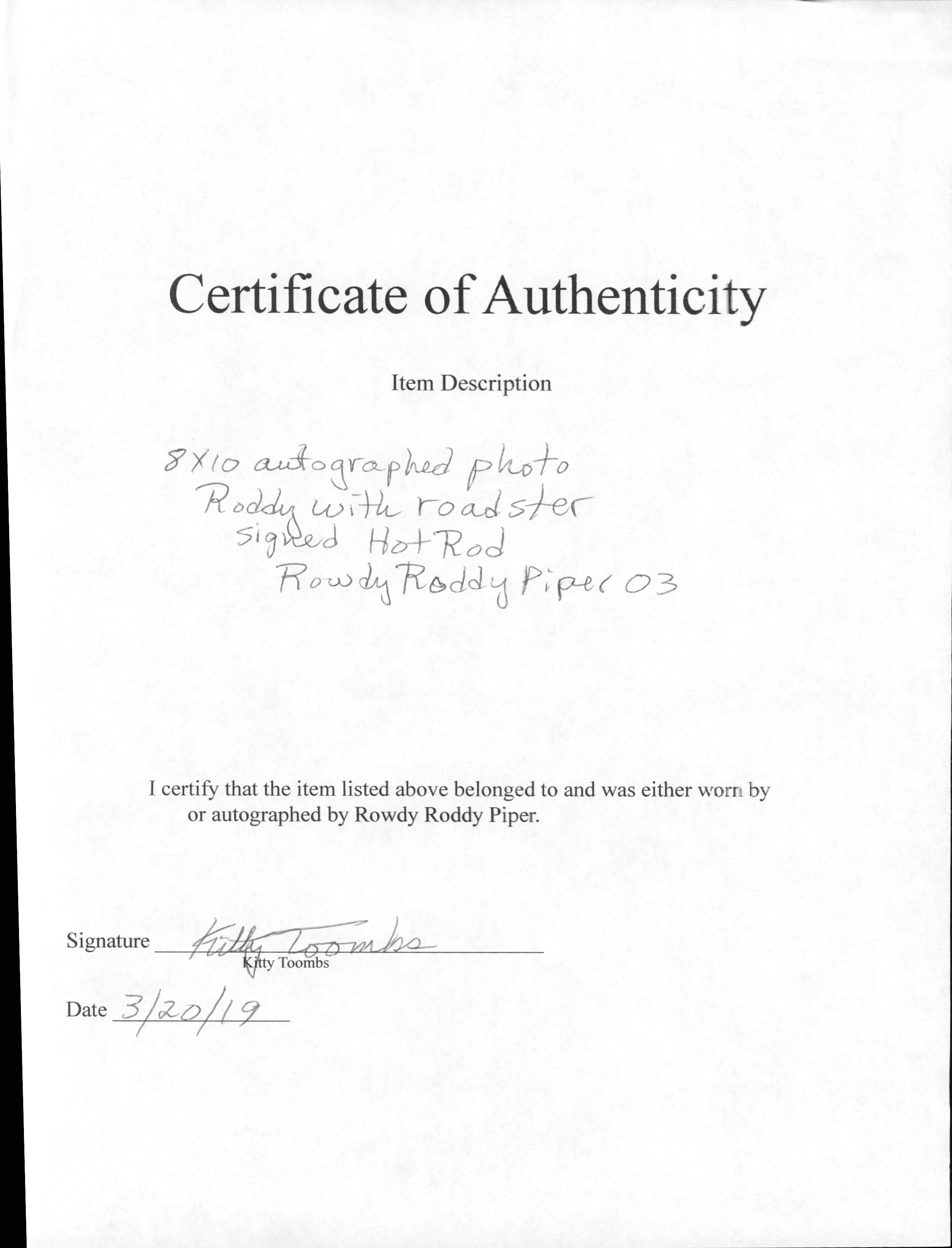 Rowdy Roddy Piper signed 8x10 Photo (w/ Family COA) – Signed By Superstars