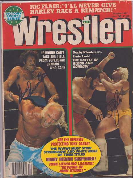 Dusty Rhodes & Bruno Sammartino signed The Wrestler Magazine October 1977 (w/ JSA)