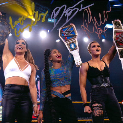 Raquel Gonzalez, Bianca Belair & Rhea Ripley triple signed 8x10 Photo (w/ WWE COA)
