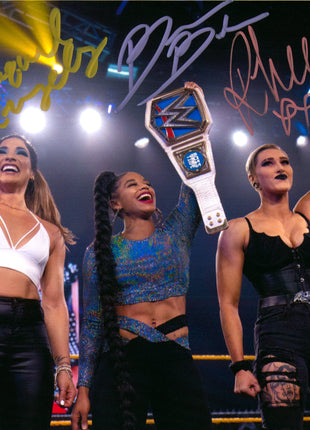 Raquel Gonzalez, Bianca Belair & Rhea Ripley triple signed 8x10 Photo (w/ WWE COA)