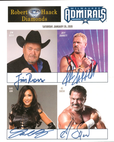 Jim Ross, Jeff Jarrett, Gail Kim & Al Snow quad signed 8x10 Photo
