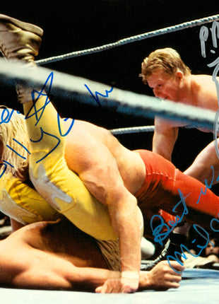 Foto de 8x10 firmada por tres superestrellas: Billy Graham, Bob Backlund y Mil Mascares