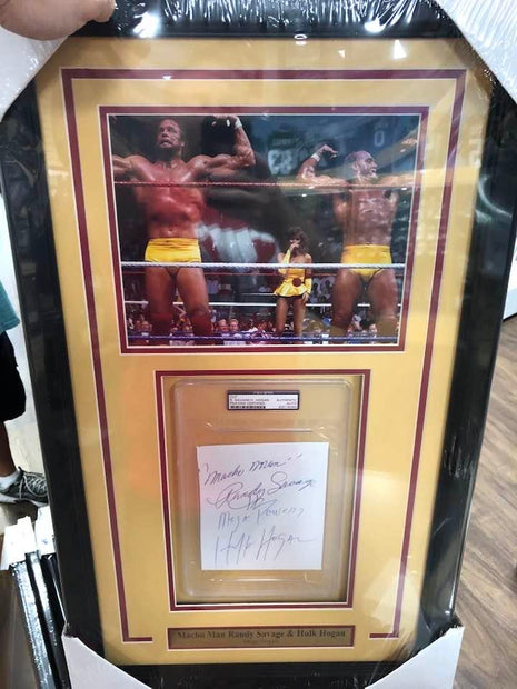 Mega Powers - Randy Savage & Hulk Hogan dual signed Framed Encapsulated Cut (w/ PSA)