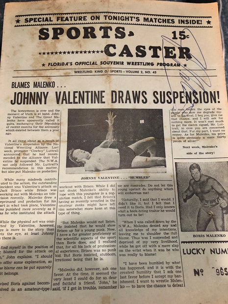 Johnny Valentine signed Florida Wrestling Program from 70's