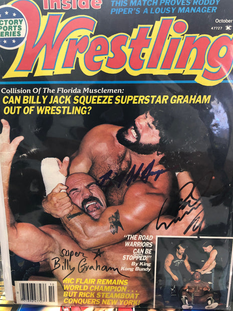 Billy Jack Haynes, Billy Graham Roadwarrior Animal signed Inside Wrestling Magazine (October 1984)