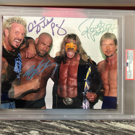 Rowdy Roddy Piper, Diamond Dallas Page & Bill Goldberg triple signed 8x10 Photo (Encapsulated w/ PSA-DNA)