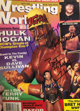 Hulk Hogan, Lex Luger, Bob Backlund, Bret Hart, Razor Ramon signed Wrestling World Magazine (April 1995)